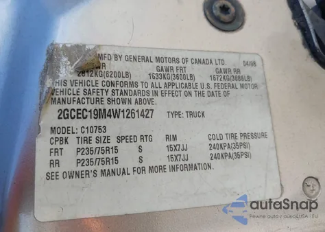 1998 Chevrolet C1500 Fleetside из США, поврежденный, VIN 2GCEC19M4W1261427